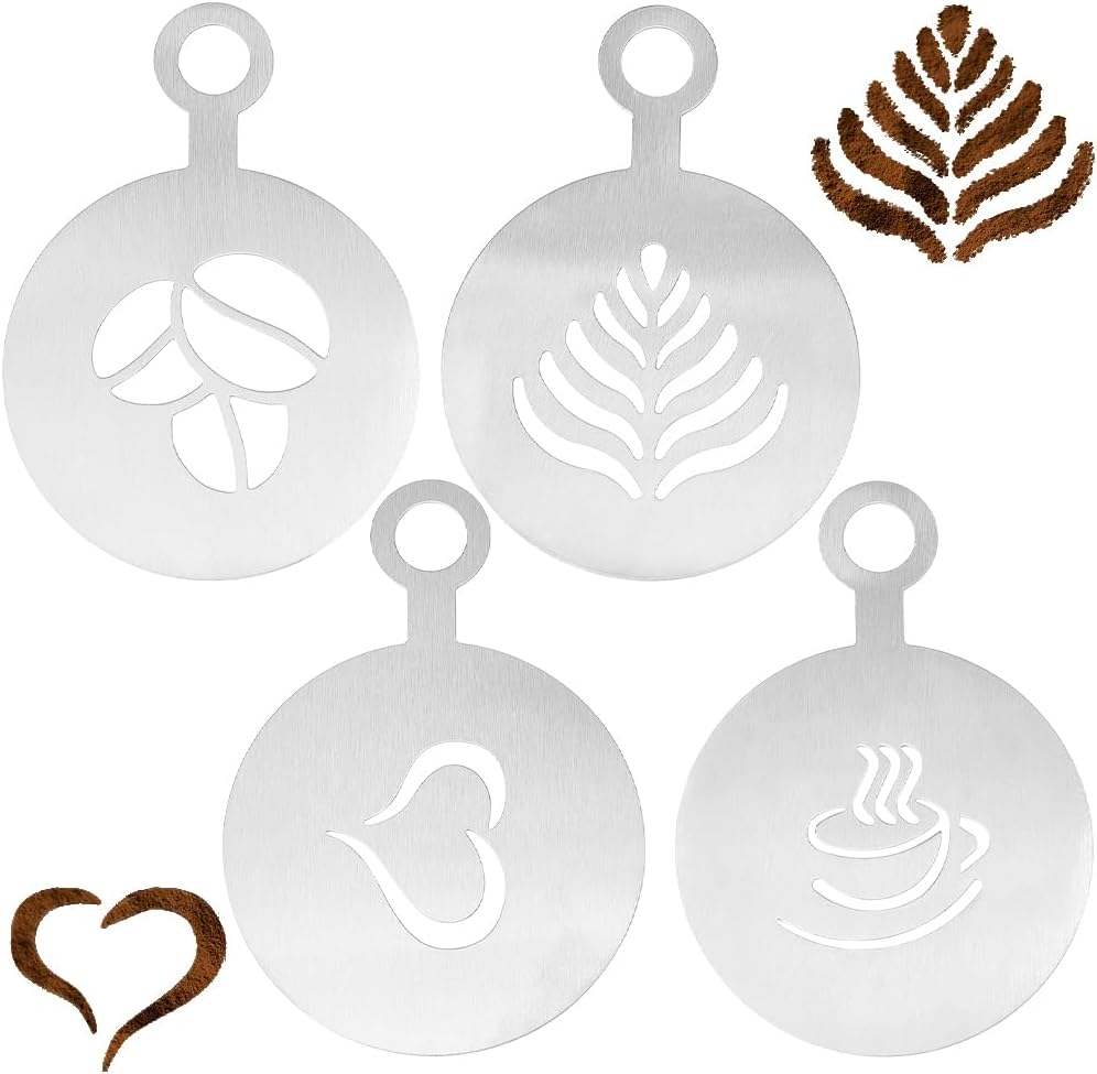 GORGECRAFT 4 Styles Coffee Latte Decorating Stencils Stainless Steel Chocolate Heart Leaf Metal Cookie Cocktail Stencils Barista Cappuccino Tools Foam Art Templates for Cup Cake Birthday Cake
