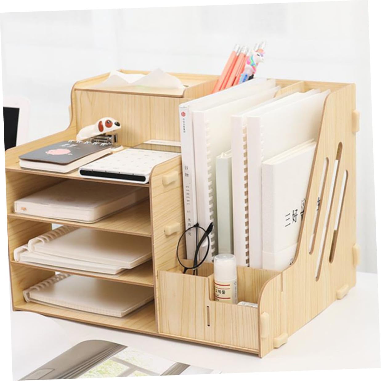 Organizador de Archivos de Madera Natural Tamaño Mediano Cajones Extraíbles, Estante de Almacenamiento Multifuncional para Oficina y Estudio, Soporte para Documentos y Artículos