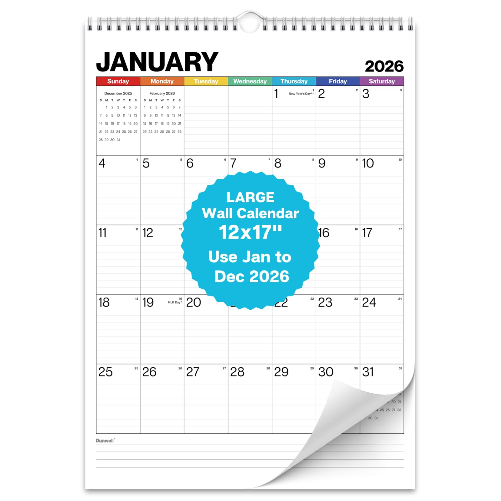 Dunwell Large Wall Calendar 2026, 12x17 (Colorful), Big Grid 12 x 17 Hanging Monthly Calendar with Large Daily Blocks, Premium Paper, Use Jan to Dec 2026