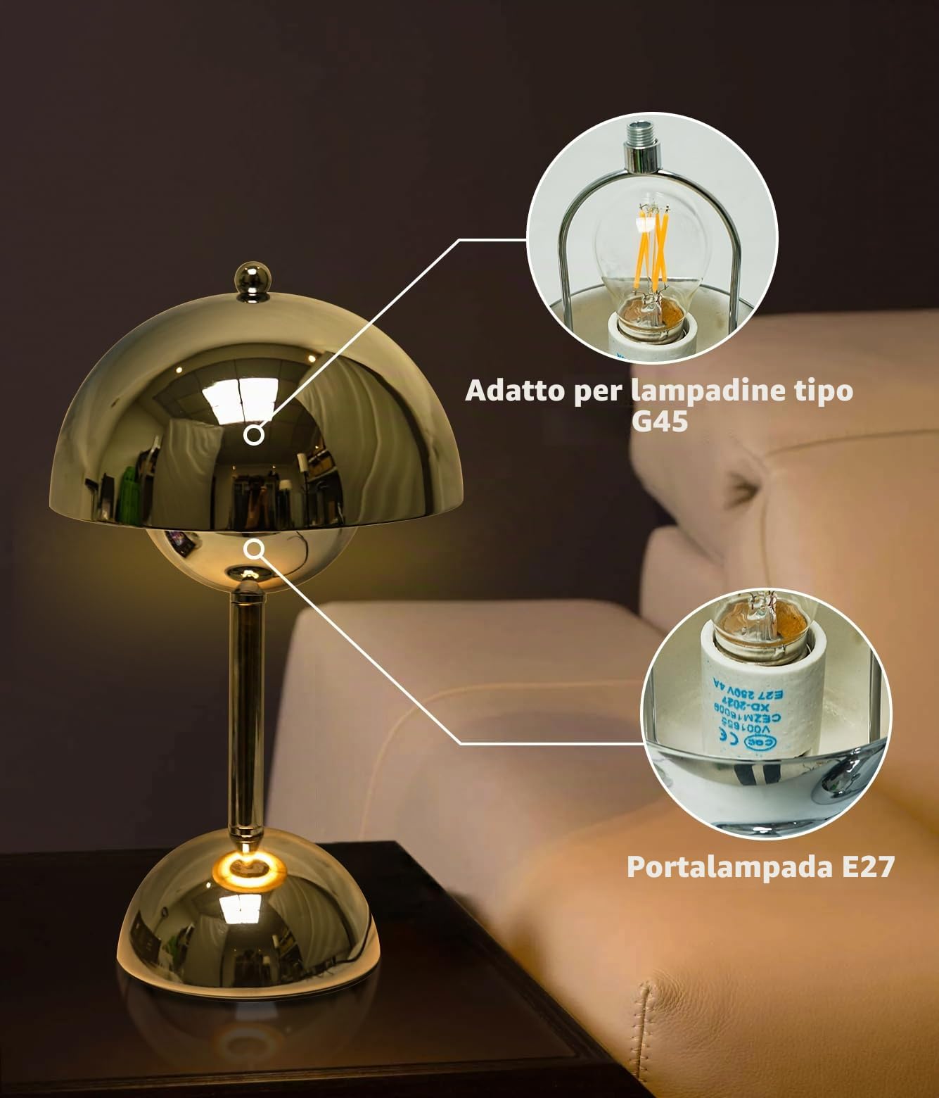 Lampada da comodino con Touch Control, Lampada da tavolo a fungo dimmerabile argento con lampadina E27 per camera da letto,soggiorno, studio, camera dei bambini, ufficio(G45 lampadina)