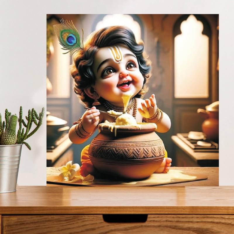 Image of British Terminal Cute little Bal Gopal Baby God Krishna| Kanha Ji | Laddu Lord Makhan Chor Painting Religious Poster for Pregnant Women for wall (matt thin vinyl,sticker,multicolor,unframed)| bj413
