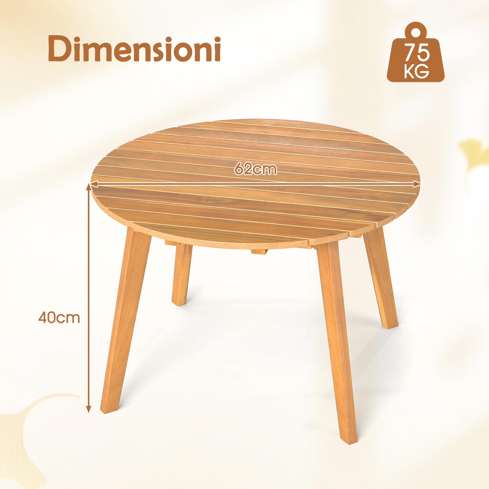 COSTWAY Tavolino da Esterno Rotondo 62 cm, in Legno Massello, Tavolino Laterale Basso da Giardino, Piccolo Tavolo da Caffè per Interno, Balcone, Terrazza e Patio, Montaggio Semplice