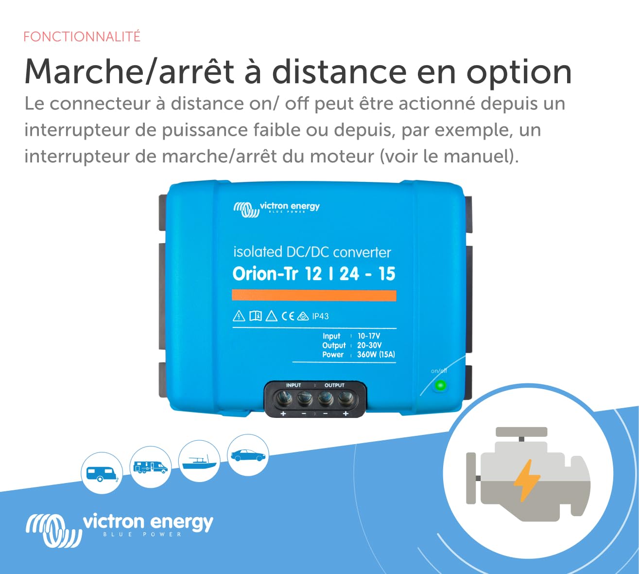 Victron Energy Orion TR IP43 12/24 V 15 A 360 W Convertisseur CC-CC, Isolé