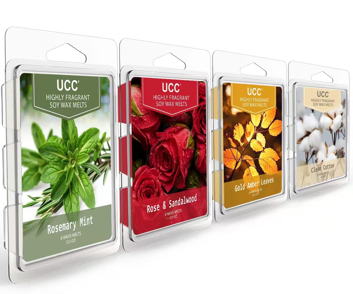 UCC Wax Melts, Soy Wax Cubes Strong Scent Long Lasting Premium Scented Mix Melts Tarts-Rosemary Mint, Rose &amp; Sandalwood, Gold Amber Leaves, Clean Cotton - 4 Pack