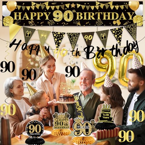 Image of 90th Birthday Decorations for Men, Black Gold 90th Party Decoration Kits | 27pcs Happy 90th Birthday Set, Banner, Honeycomb, Balloons, Gold Number, Candle, Hanging Swirls, Cake Topper, Party Supplies