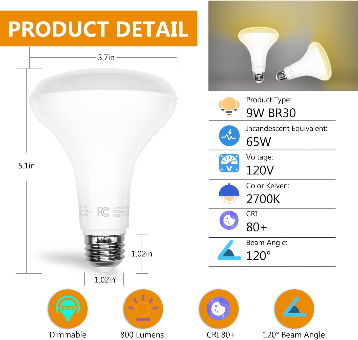 DAYBETTER BR30 Recessed Light Bulbs Equivelent 65W Dimmable Warm White 2700K, 24Pack BR30 Indoor Flood Light Bulbs 9W 120V, E26 Base for Kitchen Bathroom - Image 3