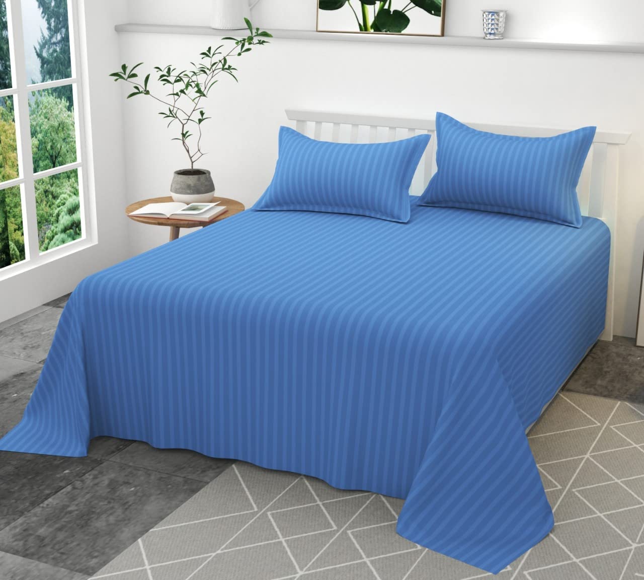 Hardeep Creation Glace Cotton Satin Stripes Plain Bedsheet King Size Double Bed with Two Pillow Covers for Home/Guest House/PGs (Blue) (B09LZ1VWNG) Amazon Price History, Amazon Price Tracker