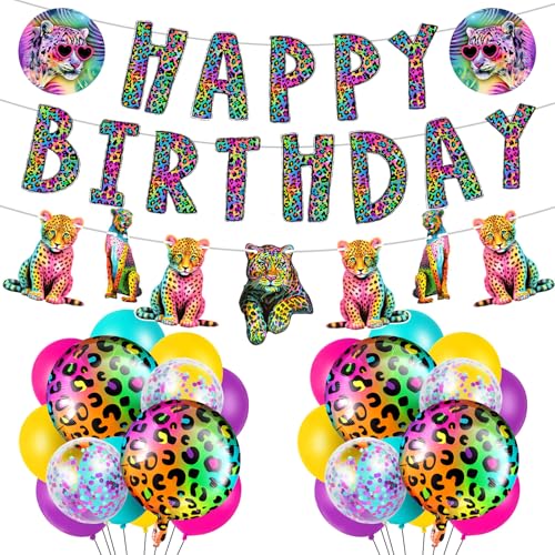 Zonon Cheetah Birthday Decoration Neon Rainbow Leopard Party Decorations Cheetah Birthday Banner Backdrop with Neon Rainbow Leopard Foil Balloons for Animal Safari Party Supplies
