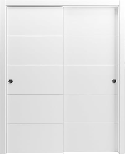SARTODOORS Planum 0770 - Puertas corredizas de derivación para armario, 64 x 84 pulgadas, pintadas de blanco mate, juego de herrajes de molduras de