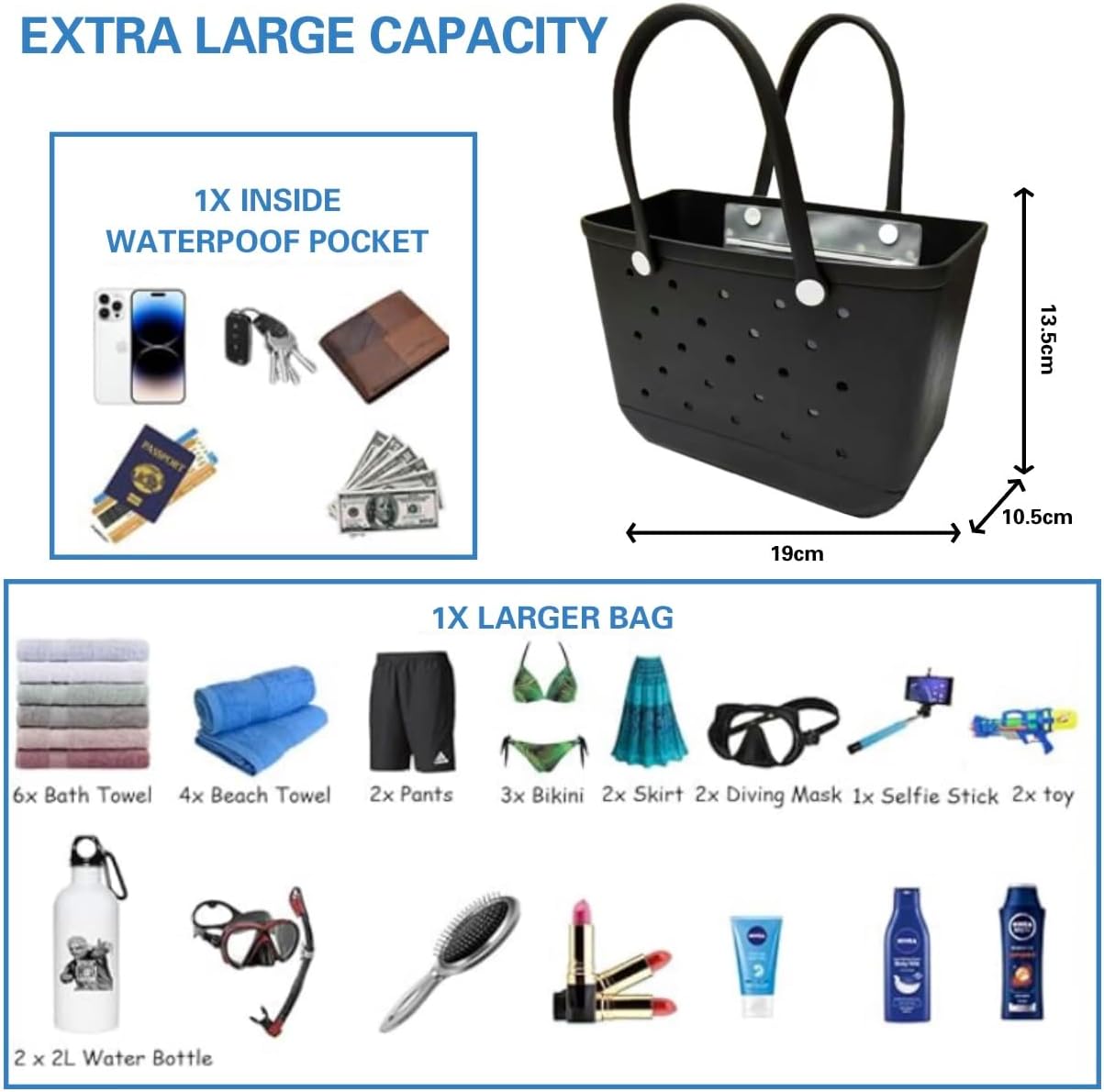 Oversized Beach Tote Bag, Extra Large Rubber Waterproof Sandproof Bag, Washable Durable Travel Tote for Pool - Image 6