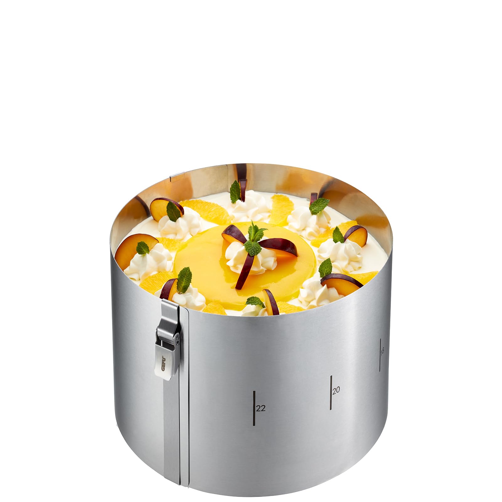 GEFU Tondo Clip Cake Ring, Diameter 16 - 30 cm, Height 15 cm, Infinitely Adjustable, with Patented Safety Clip & Scale, Stainless Steel, Dishwasher Safe