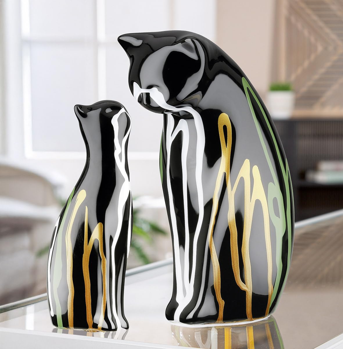 GILDE Ceramiczne figurki kota, 2-częściowy, glazurowane, czarne, wysokość 22 cm, szerokość 14 cm, głębokość 8 cm