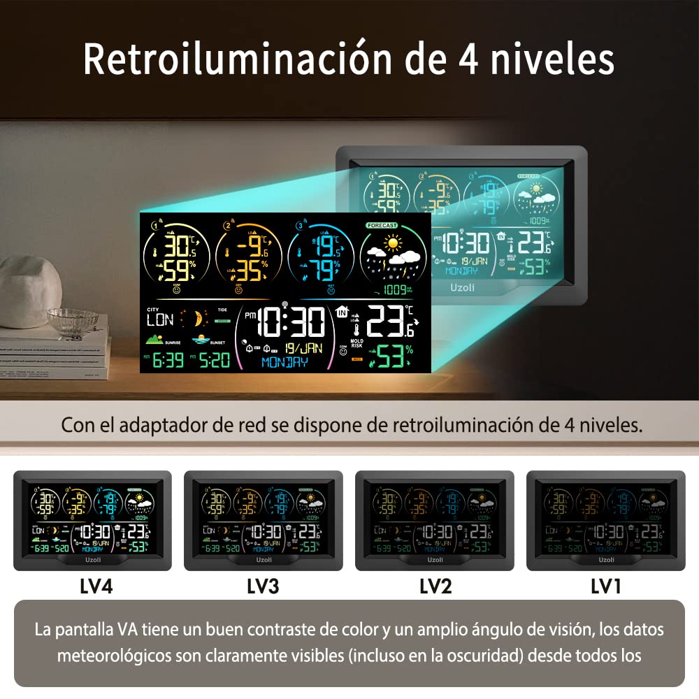 Uzoli EM3390 Estación meteorológica inalámbrica con 3 sensores, Reloj DCF | Termómetro-higrómetro, Alarmas, Previsión meteorológica, Presión atmosférica, Riesgo de moho, Amanecer, Fase lunar, Mareas