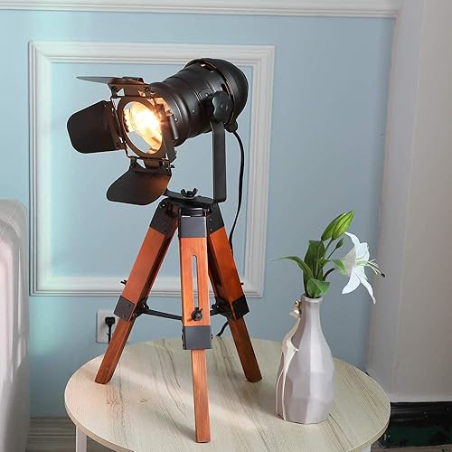 Vista 2 de Modern Industrial Vintage Tripod Floor Table Lamp - Metal Wooden Nautical Cinema Standing Searchlight - Reading Light for Living Room Movie Theatre