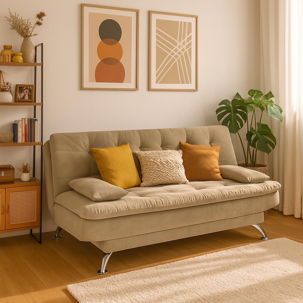 Sofá-Cama 3 Lugares Casal Premium Suede Velvet Bege