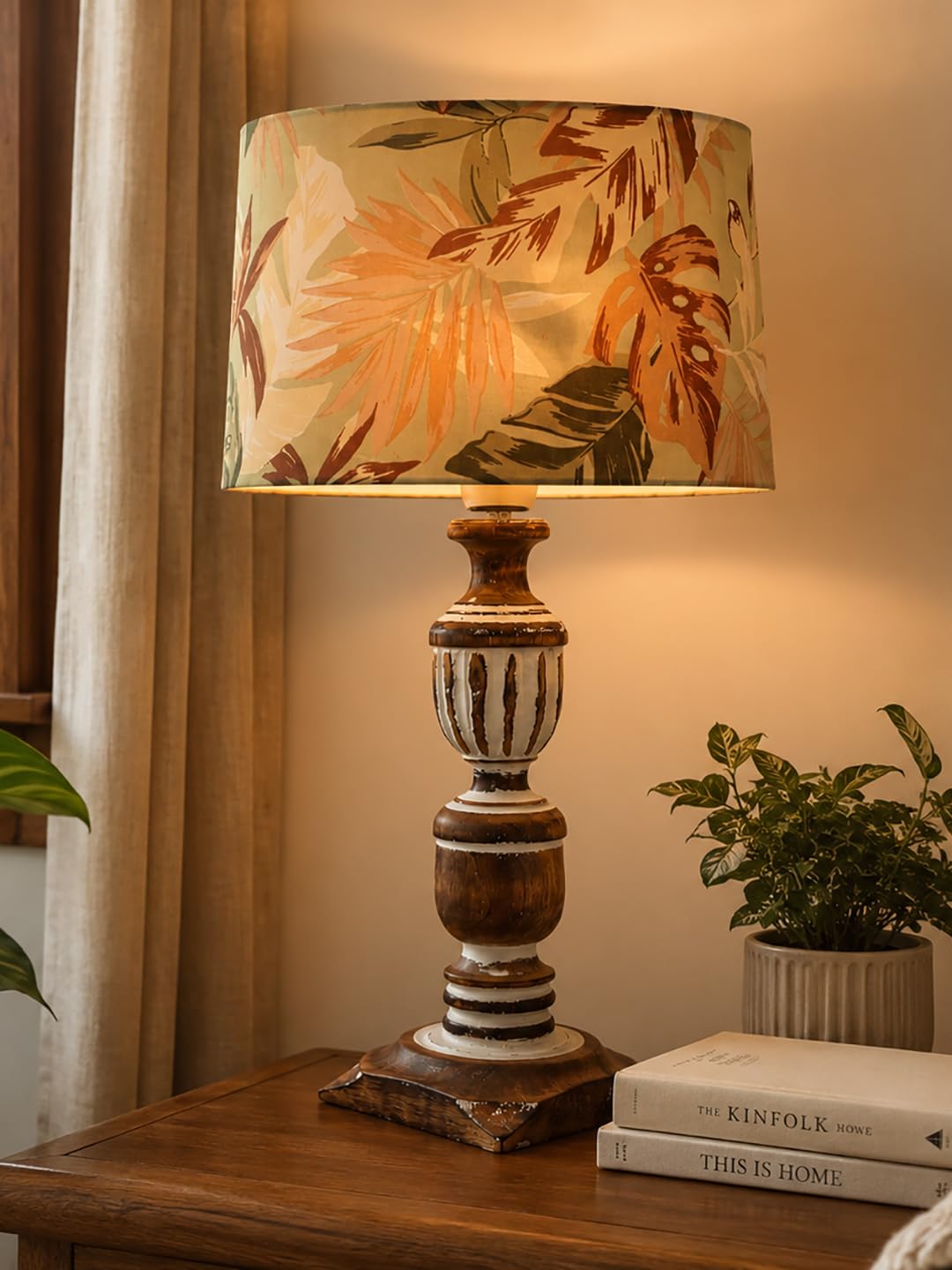Vintage Rustic Wooden Table Lamp for Living Room & Bedroom | Handcrafted Teal Distressed Base with Fabric Drum Shade | Bedside Nightstand Lamp for Home Décor (White Palm Leaf)-image-8