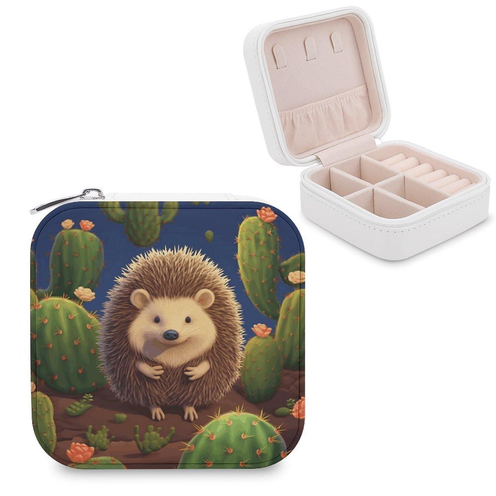 VstaDank Hedgehog Cactus Jewelry Box Exquisite Leather Jewelry Organizer Portable Trinket Organizer Fashion Travel Jewelry Case for Rings Earrings Necklaces Unique Gifts for Women