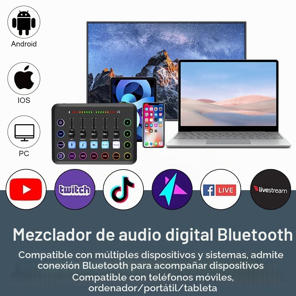 OFFCUP Paquete de Equipo de Podcast, Interfaz de Audio y Micrófono de Condensador con Trípode, Mezclador de DJ y Tarjeta de Sonido en Vivo para Podcast Transmisión Voz PC Smartphone