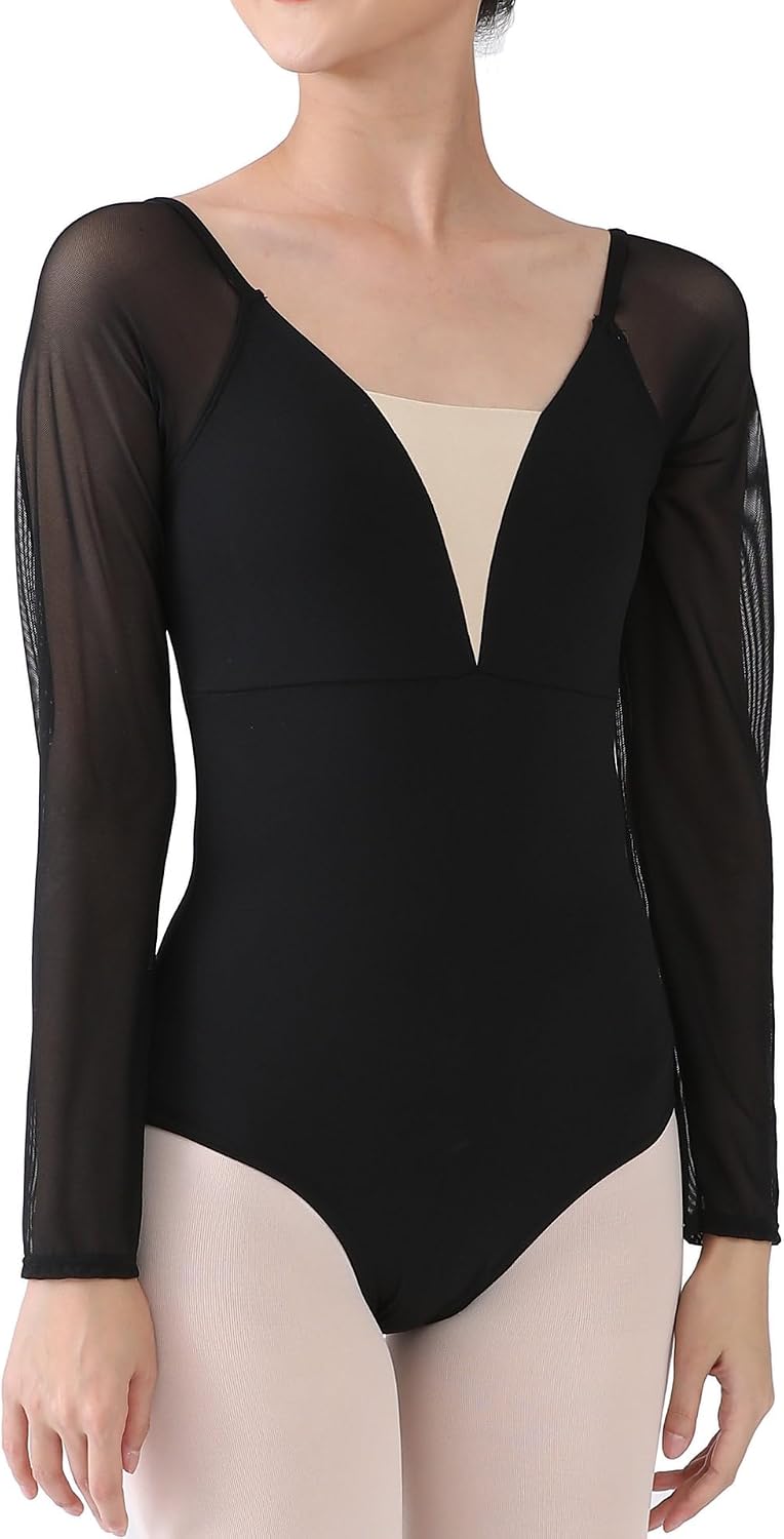 Dance Elite Cressida Women Mesh Long Sleeve Crisscross Back Ballet Leotard | Sheer mesh long sleeves, deep V mesh insert, crisscross open back, soft stretch fabric, for ballet dance yoga training