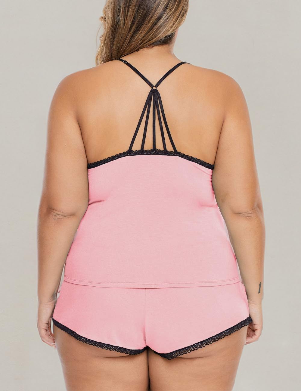 XAKALAKA Women Plus Size Pajamas Cami Shorts Set Nightwear Sexy Lace Lingerie Sleepwear: 3X-Large Pink