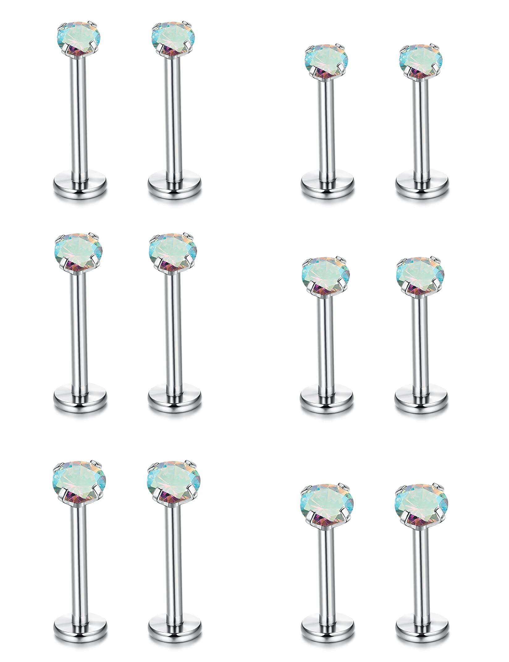 LOLIAS 12 PIEZAS 16G Piercing Labio Labret para Mujer Hombre Piercing Naris Acero Quirurgico Studs Piercing Tragus Helix 2/3/4MM Zirconia Cubica Piercing Oreja Ópalo Pendientes de Espalda Plana
