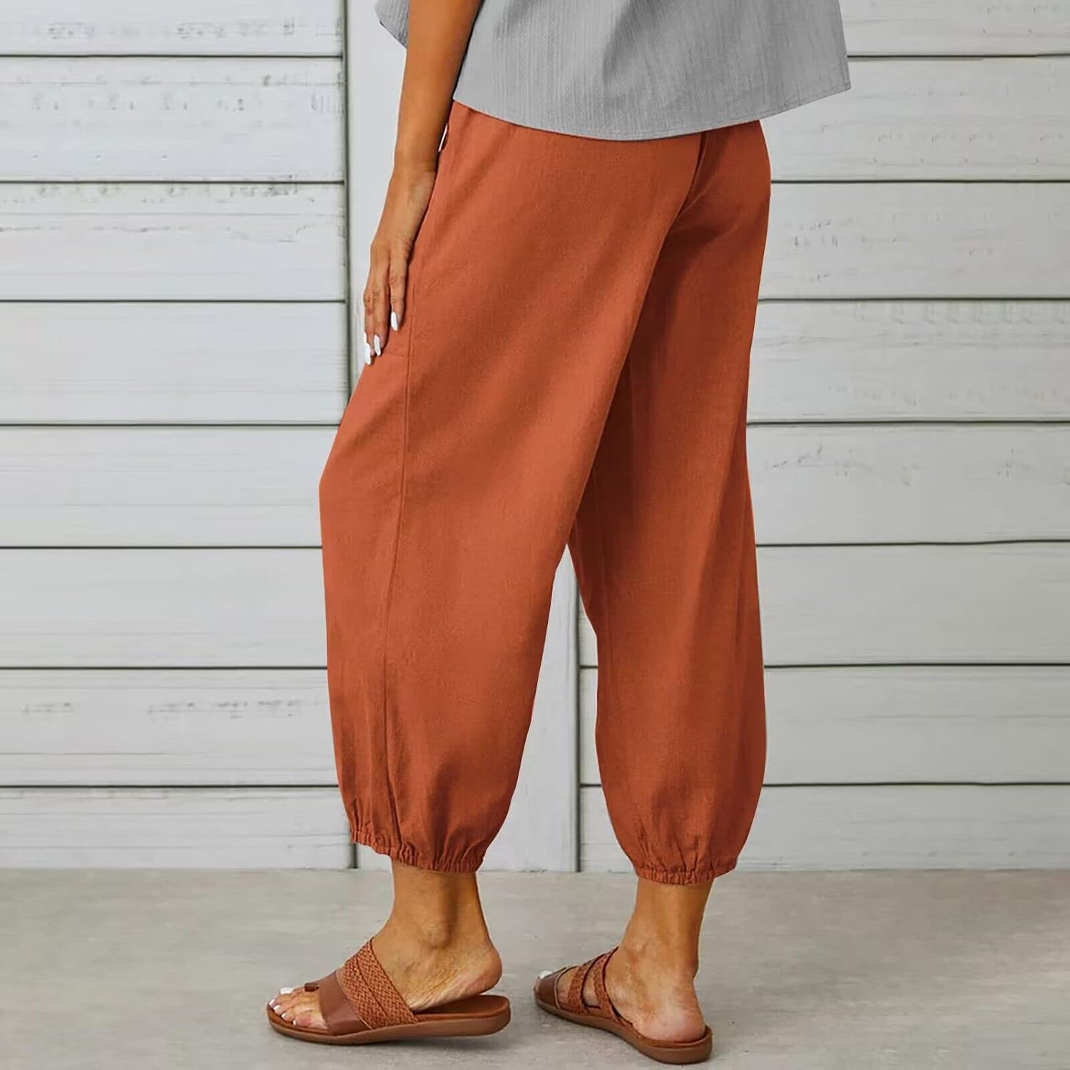 Women's Casual Lantern Tapered Harem Pants Loose Fit Style Flax Ankle Trousers Summer Baggy Slacks with Pocket