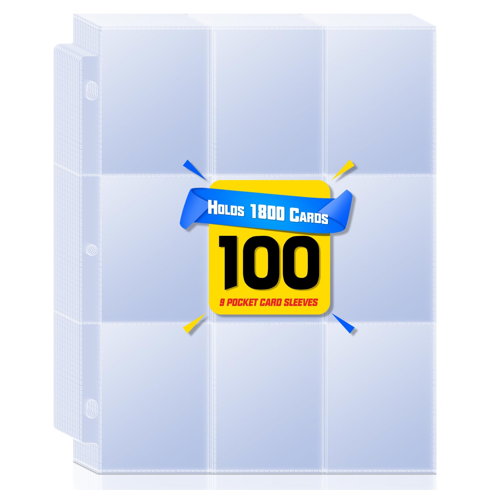 1800-Pocket Trading Card Binder Sleeves Pages, 100 Sheets Double Side-Loading 9 Pocket Transparent Card Protector for 3-Ring Binder, Penny Sleeves Pages Fit for Football , MTG, TCG, Standard Cards