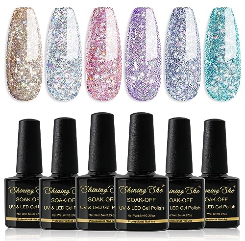 Shining She Glitter Gel Nail Polish, 6 Colours Gold Sliver Purple Blue Sparkly, Soak-Off UV/LED Lamp Gel for Women Nail Art Salon DIY Home, 8ML