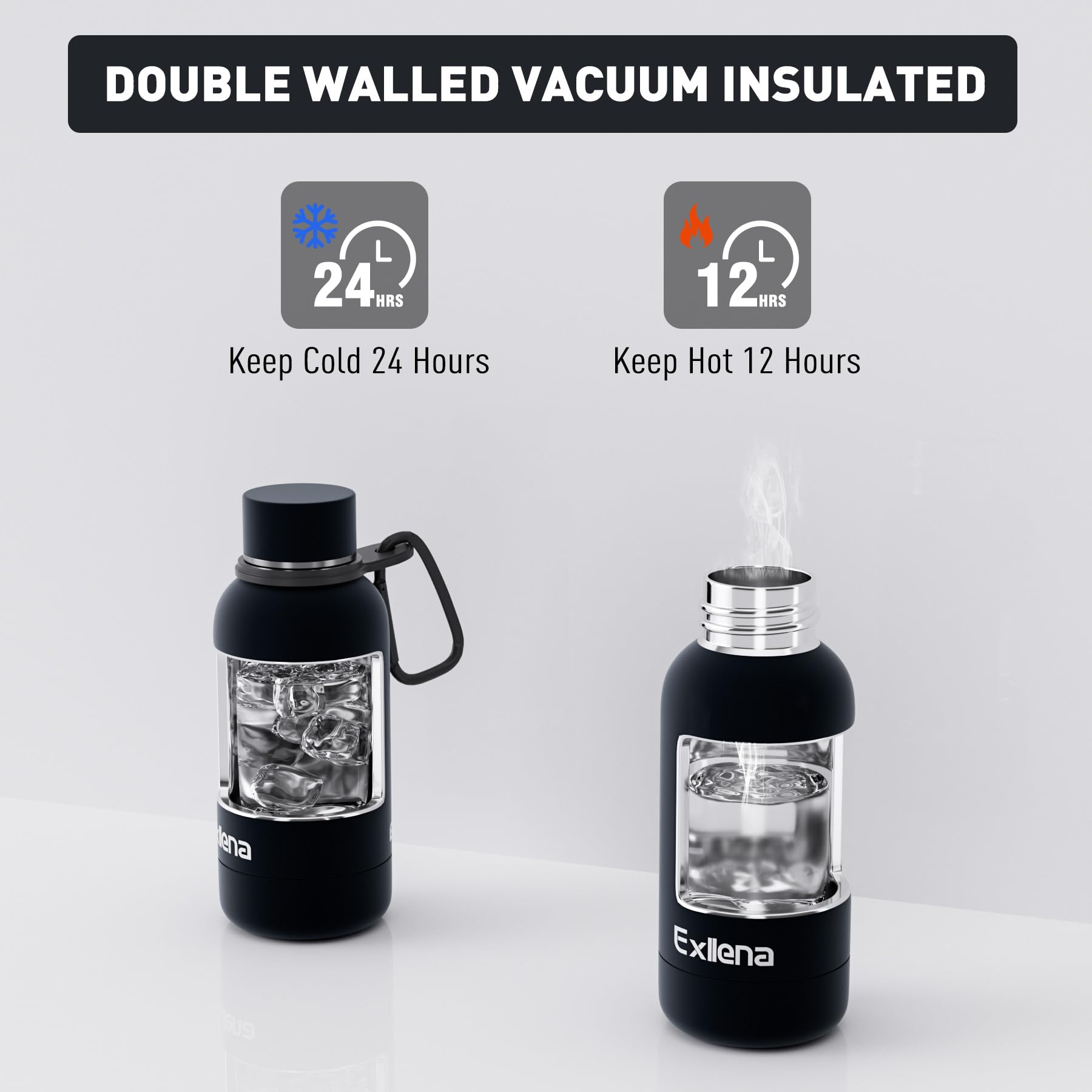 Exllena Double Wall Vacuum Insulated 350ml Bottle with Clip - Keeps Drinks Cold/Hot Up to 24/12 Hrs - BPA Free (Black) - Image 4