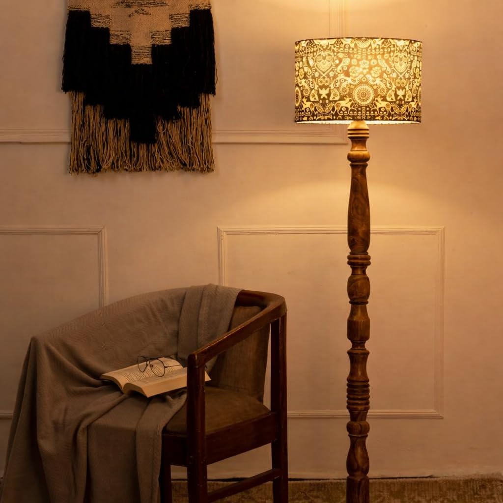 Green Girgit Wooden Brown Floor Lamp with Indian Art Multicolor Lamp Shade Rustic Wooden Floor Lamp with Decorative Pattern Shade, Carved Standing Base, Living Room Lighting (LED Bulb Included)-image-34