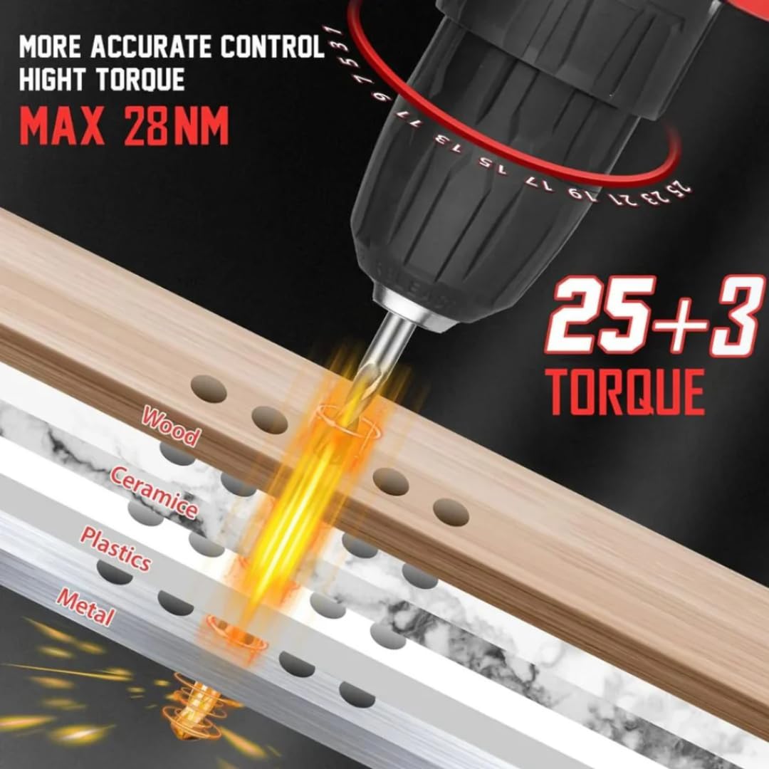 JPT Heavy-Duty 21V Impact Cordless Drill Machine | 28N.M Torque | 0-1350RPM Speed | 25+3 Gears Setting | 2 Speed Modes | Bright LED Light | Forward & Reverse | 2000mAh Battery | Fast Charger - Image 5 thumbnail