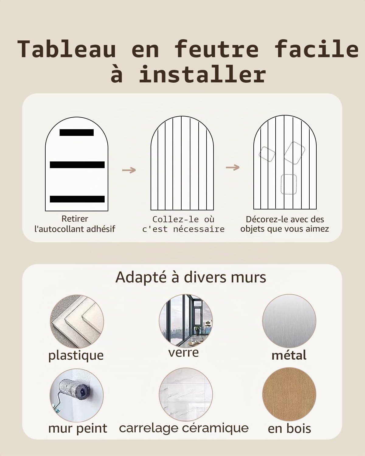 Tableau d'affichage pliable 60x40cm, feutre épais de 0,9 cm, grand tableau en liège avec autocollant, panneaux muraux décoratifs à lattes pour bureau, chambre, salon, Chambre d'enfant-beige