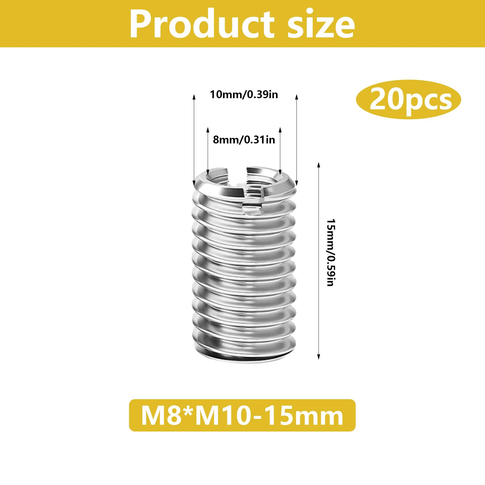 20 Pz Inserti filettati, Inserto Filettato M10 a M8, Boccola Filettata, Boccole Filettate in Acciaio Inox, Adattatori Filettati per Riparazione Filettature