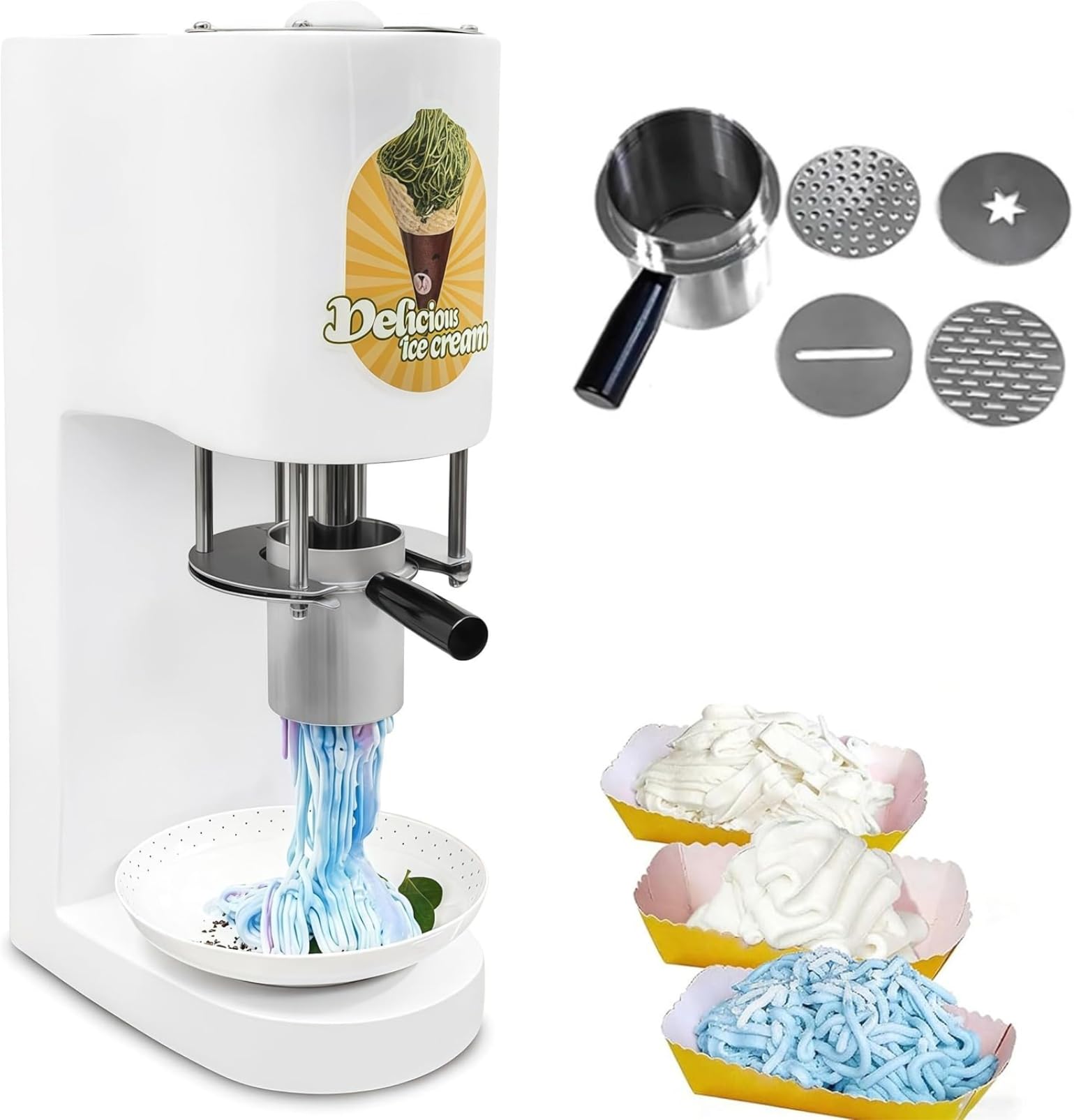 Macchina elettrica per spaghetti e gelato, con 4 stampi intercambiabili, macchina creativa per dessert fai da te per casa, feste, bar, facile da pulire
