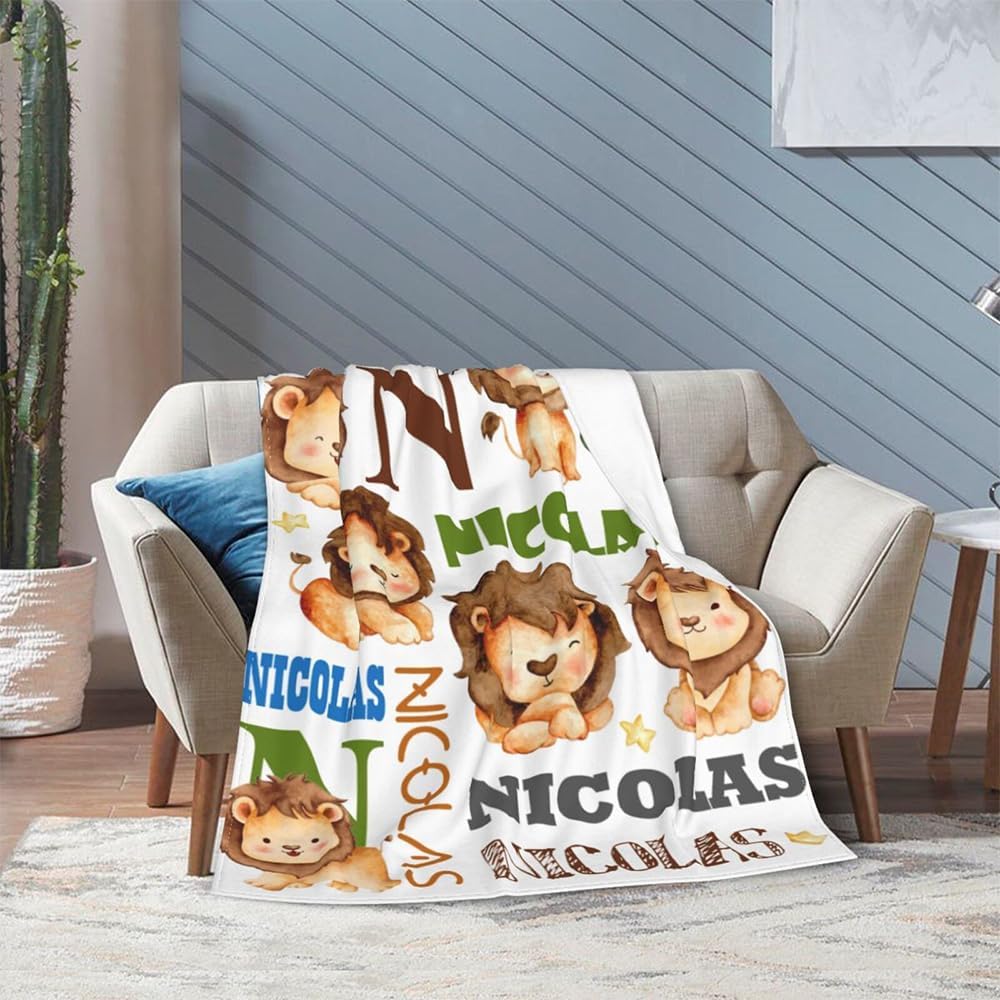 Custom Lion Blankets for Boys Girls, Soft Warm Cozy Lion Fleece Plush Blanket Throw with Initial Name, Christmas Birthday Gifts for Toddler Kids Baby