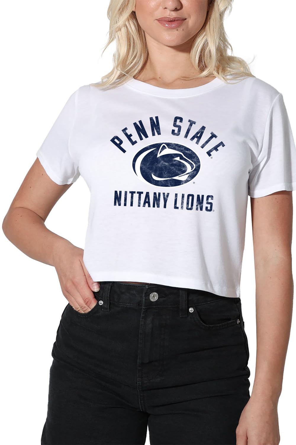 Official Collegiate Large Distressed Logo Women's Apparel Crop Top T-Shirt Collection, White