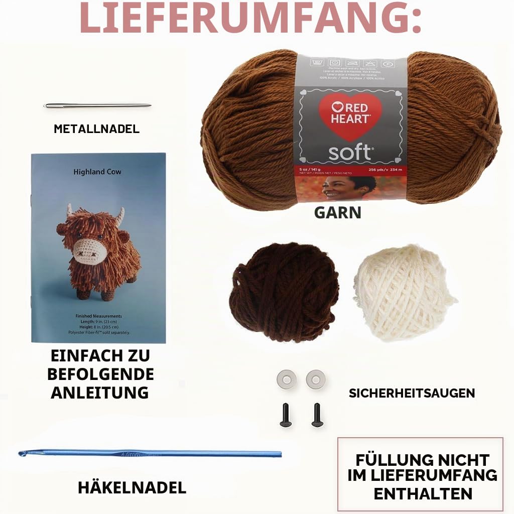 Leisure Arts Häkelset Amigurumi Hochlandkuh Braun, Häkelset Anfänger, Anfänger für Erwachsene, Tierset, Kits für Anfänger, Häkeln