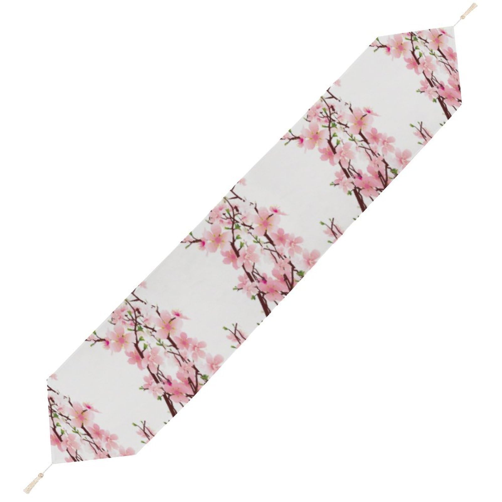 JZemdybill 229*33cm Table Runner with Tassel, Tempting Cherry Blossoms Table Runner, Table Decoration for Kitchen, Party, Restaurant