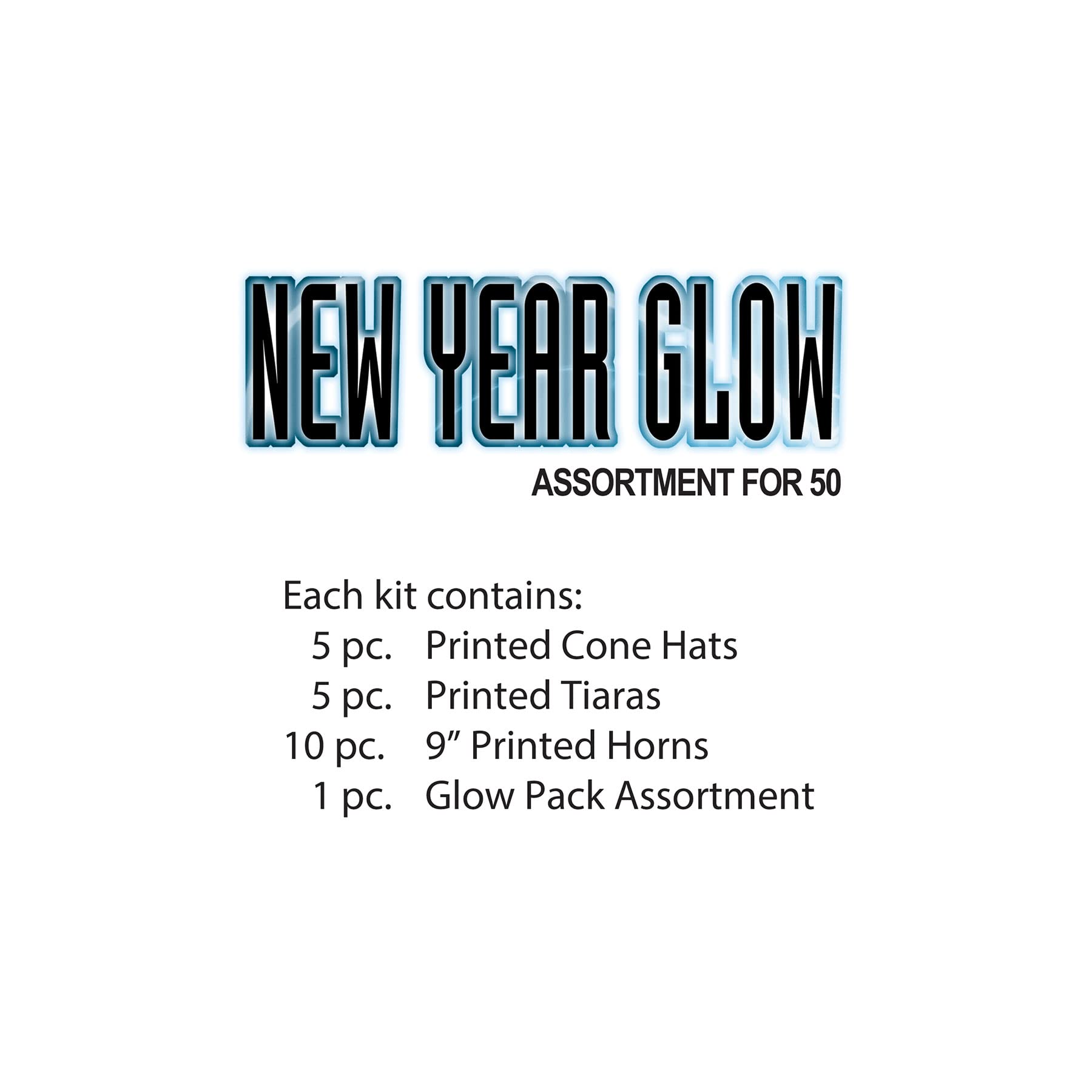 Beistle S16100PF18 Glow Happy New Year Party Sortiment für 10 Personen NYE Hüte, Tiaras, Noisemaker Hörner, leuchtende Halsketten und Armbänder, Papier Kunststoff Folie, Mehrfarbig