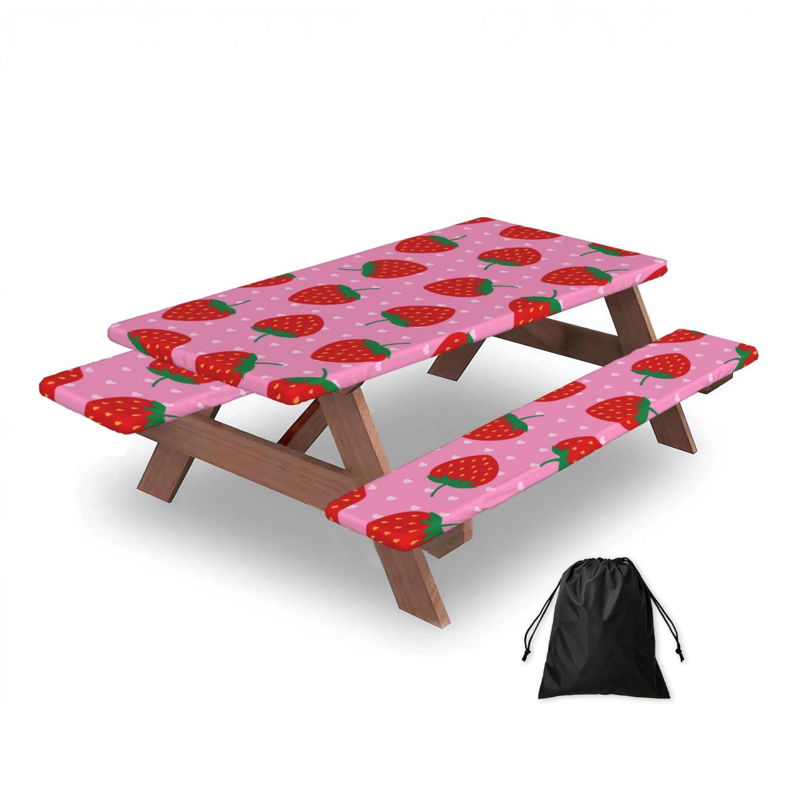 Strawberries Heart, Picnic Table Cover With Bench Covers -Waterproof Elastic Fitted Tablecloth for Garden Camping Patio 76x152cm