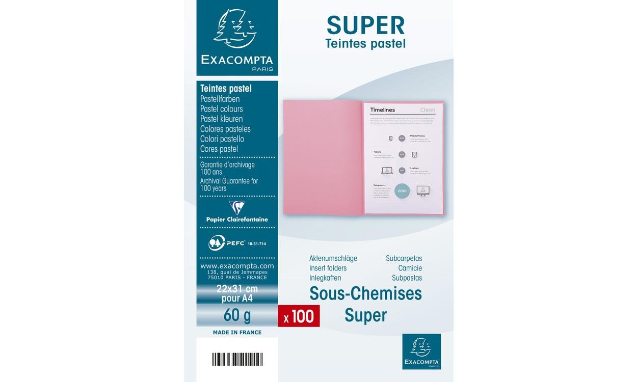 EXACOMPTA Lot de 10 Paquets de 100 sous-chemises SUPER 60g 22x31cm Rose