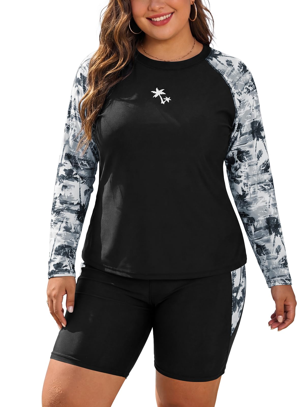 SHEKINI Costume da bagno da donna, taglie forti, 2 pezzi, camicia da bagno e pantaloncini, a maniche lunghe, protezione solare
