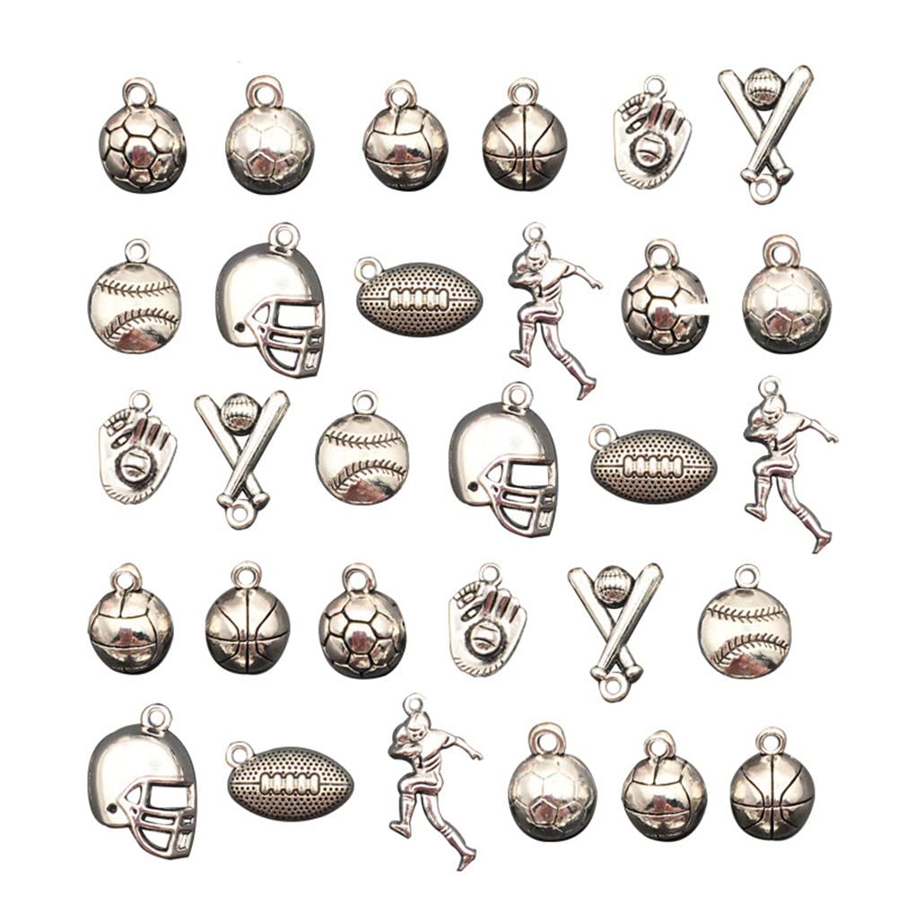 Gierzijia30 Pieces Craft Supplies Tibetan Silver Basketball Football Baseball Charms Pendants, Volleyball Soccer Charms for DIY Sport Necklace Bracelet Jewelry Making, Jewelry Findings Making Accessories