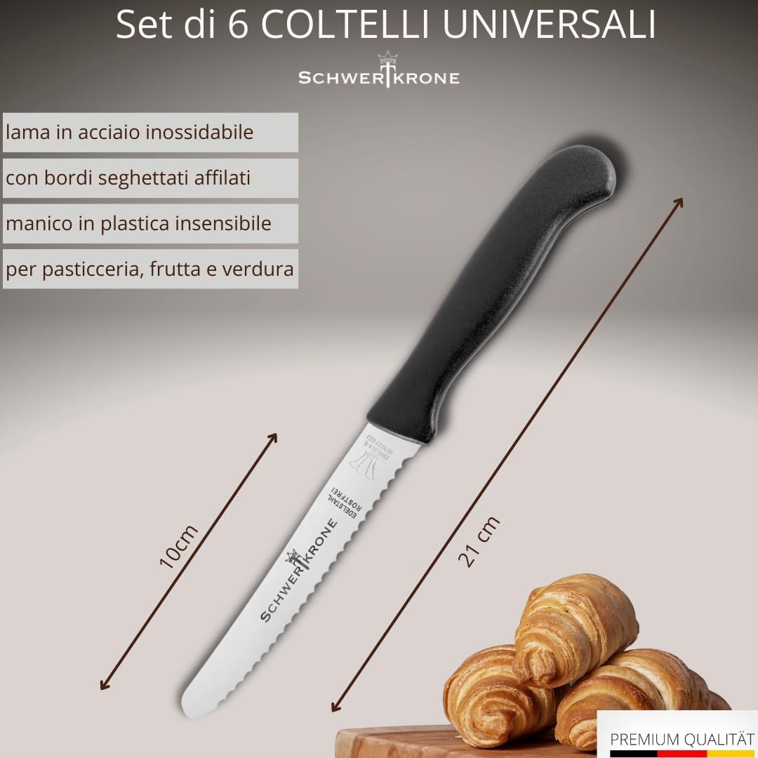 Schwertkrone Solingen Set di 6 Coltelli da Tavola - Acciaio Inox - per Pane, Panini, Verdure ecc. - Coltelli da Colazione - Prodotti in Germania