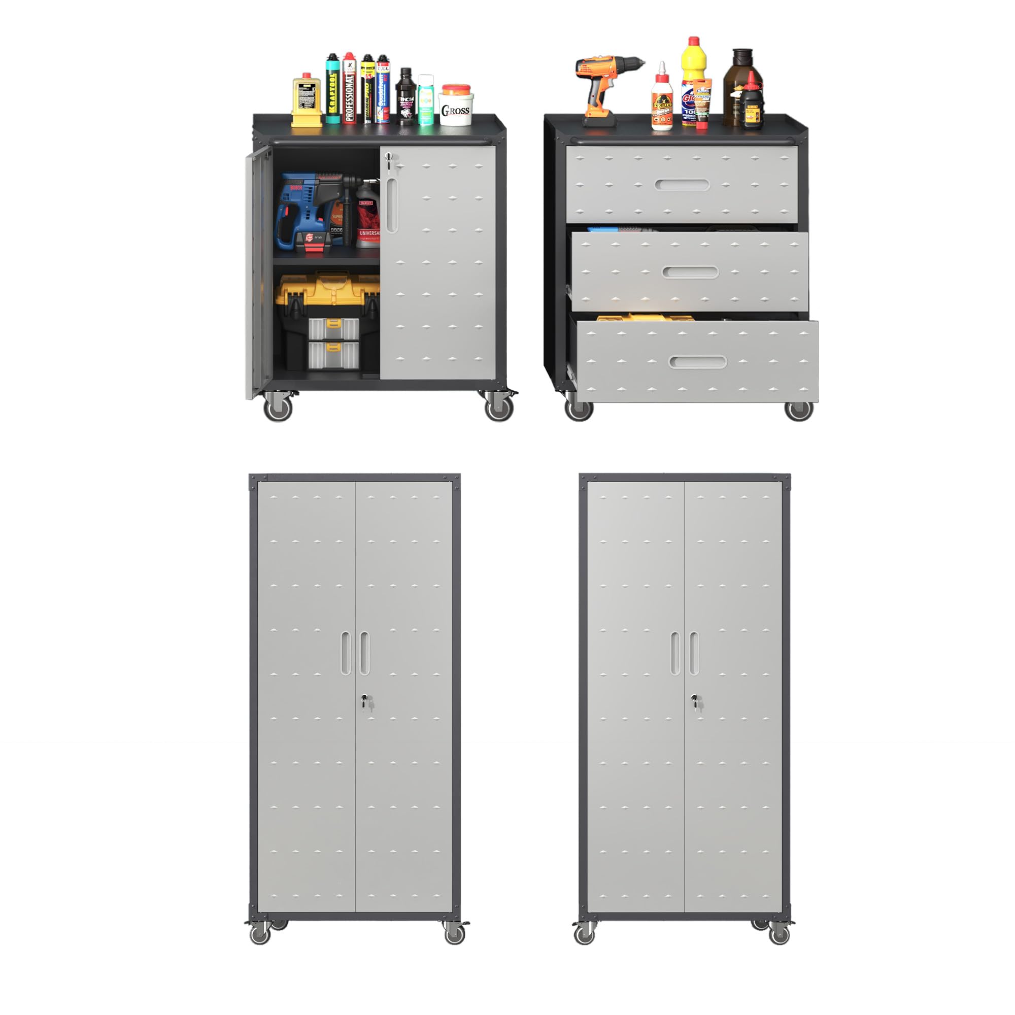 VIYET Metal Tool Cabinet,Garage Storage Cabinet System,Wall Cabinet & Locking Rolling Tool Cabinet with Doors and Adjustable Shelves,Steel Tool