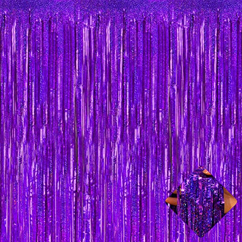 Image of 4 Pack 3.2Ft x 8.2Ft Purple Foil Fringe Curtain Backdrop, Metallic Tinsel Foil Fringe Streamers Curtains Background for Photo Booth, Birthday, Wedding, Disco, Bachelorette, Christmas Party Decoration