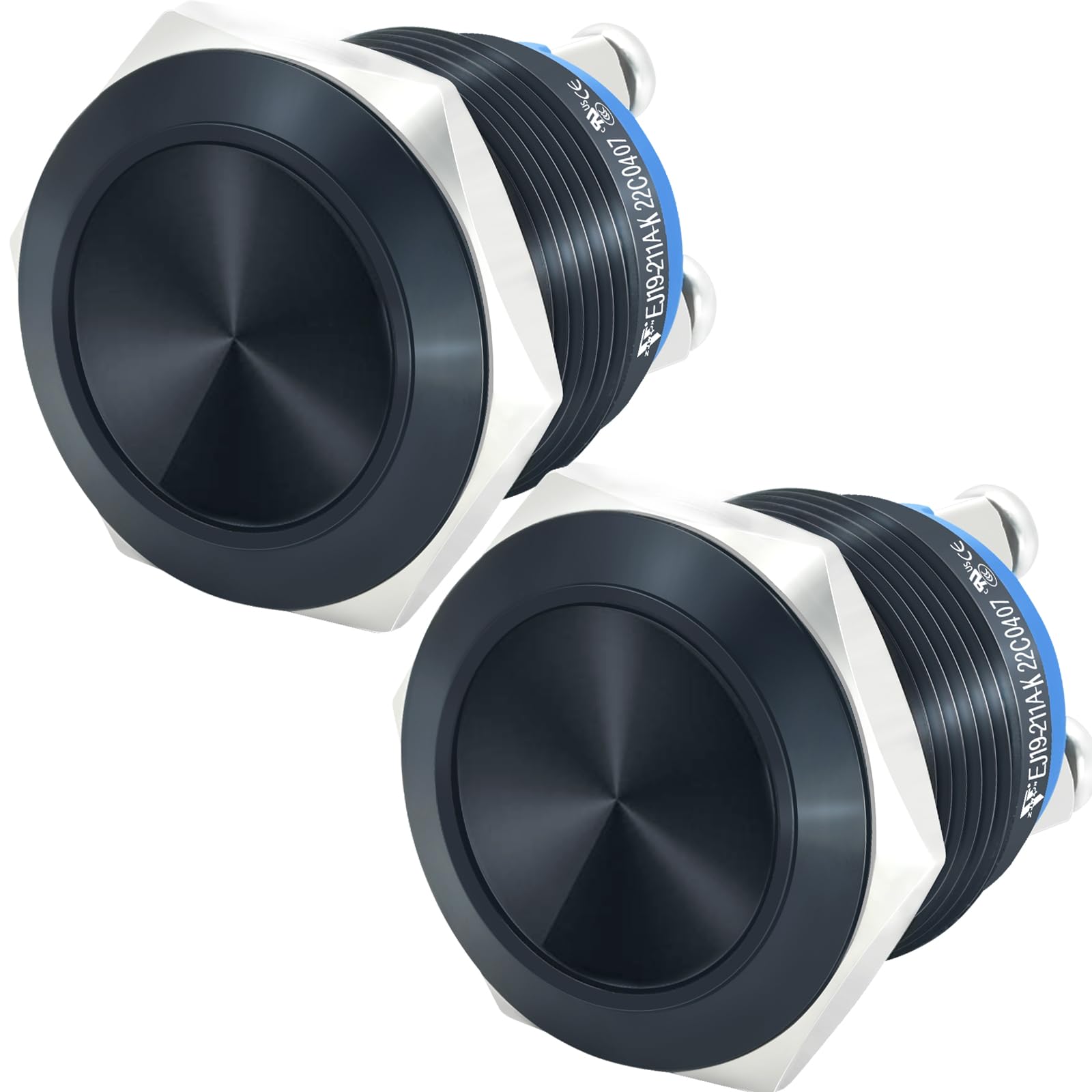 2Pcs 19mm Push Button Switch 3/4" Black Momentary Waterproof IP67 Metal Flat Round Top 12V 24V 36V 110V 250V 5Amp SPST, UL Certification