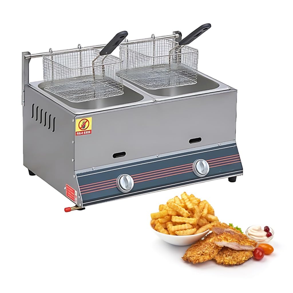 2800Pa Niederdruck,Gasfritteuse 16L-Edelstahl 304,Doppelbecken Gastro Fritteuse für Imbiss,Schnelles Frittieren,Tragbares Design für Catering,Silber Gehäuse Stabil(2 Tank)