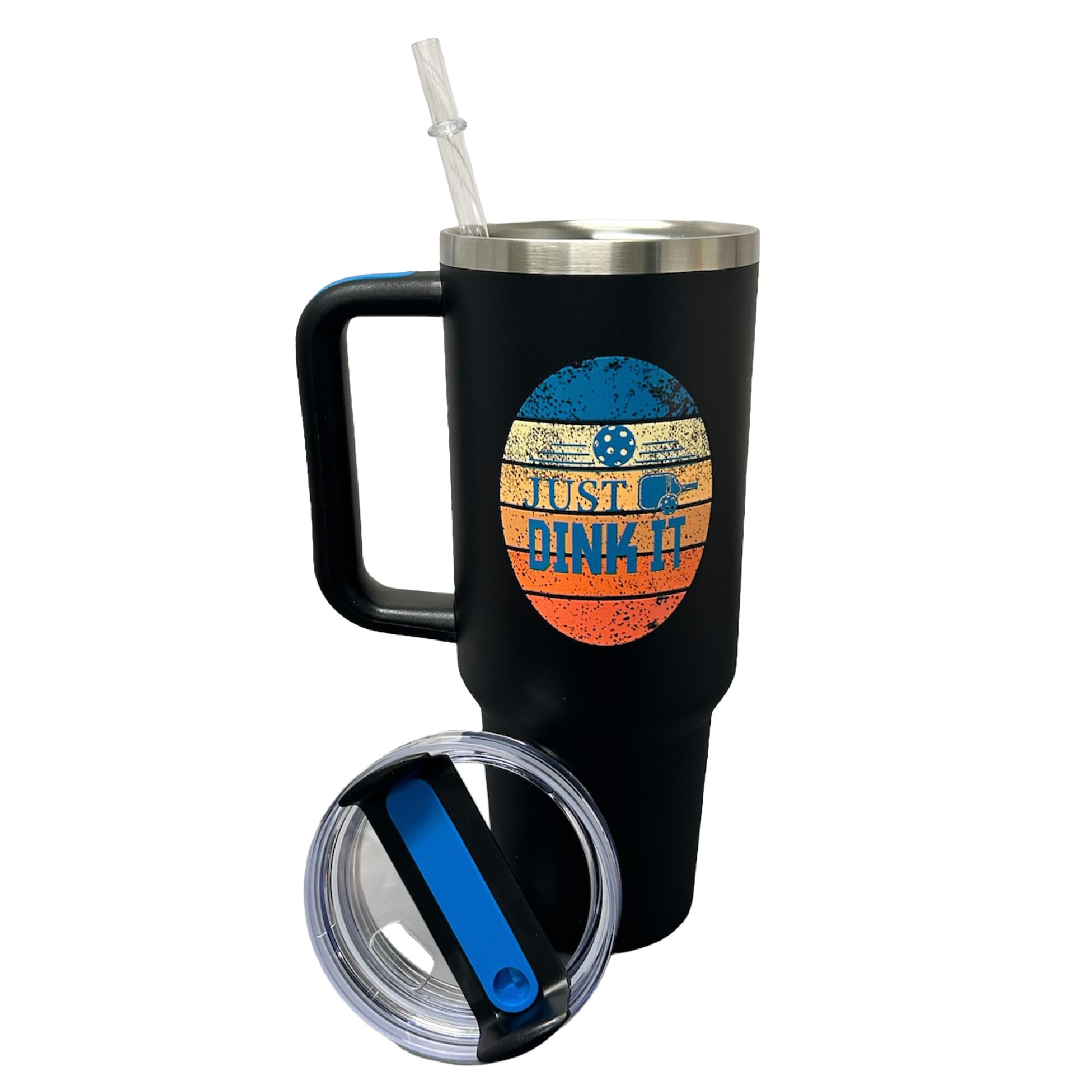 Pickleball Insulated 40oz Stainless Steel Tumbler Cup, Black, Lid, Straw
