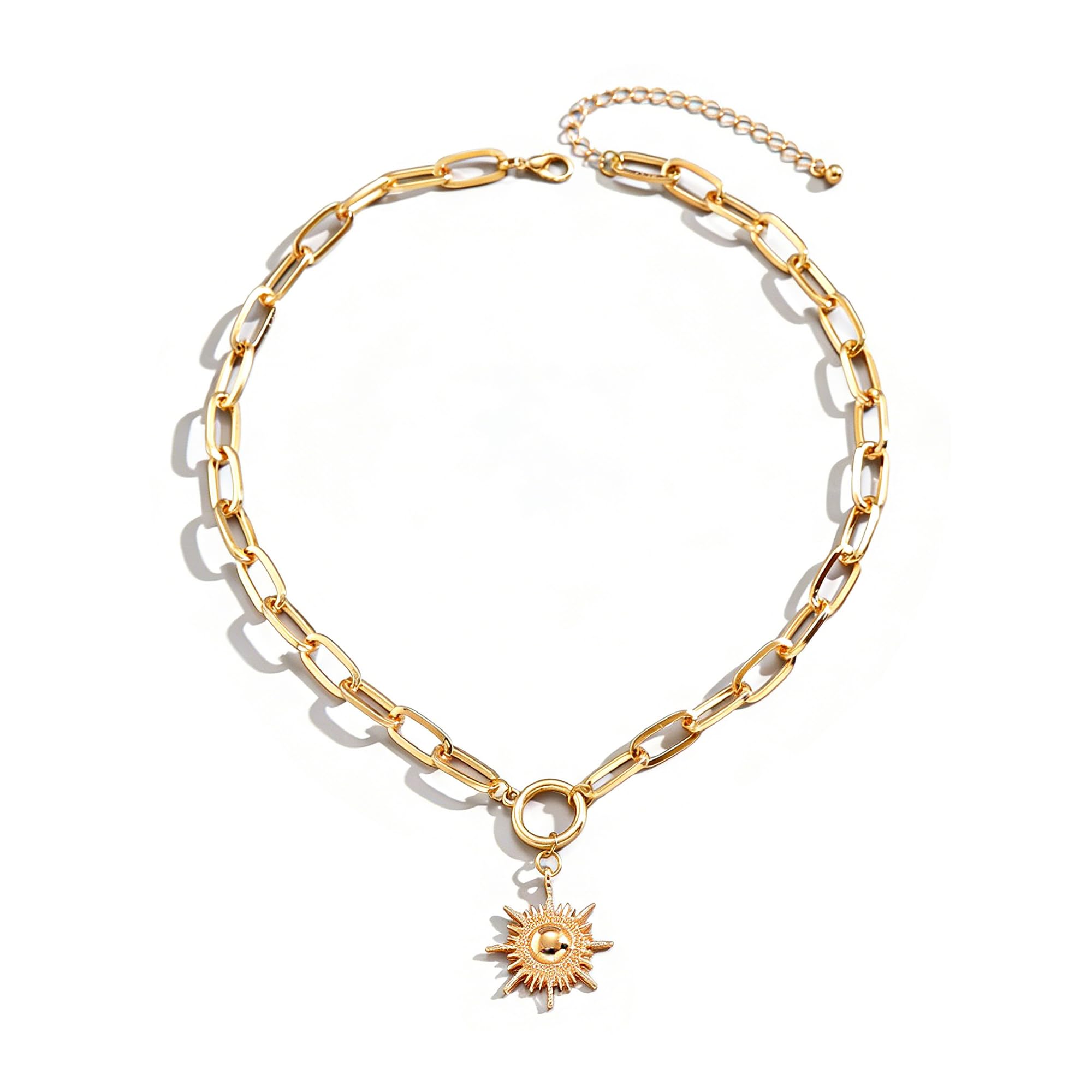 Nojess Gold Necklace for Women 18K Gold Plated Sun Paperclip Link Chain Necklaces Sunflower pendant necklaces Chunky Gold Sunshine Celestial Necklaces